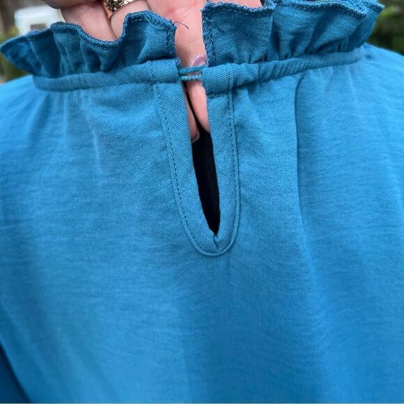 Aifer Turquoise Ruffle Collar Blouse w button closure in back & Flutter sleeves - Picture 5 of 12